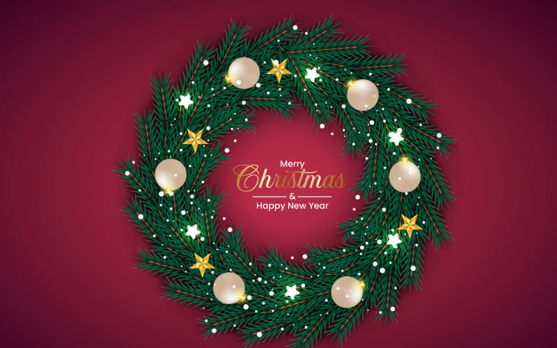 Christmas wreath decoration with pine leaves, christmas balls and a golden ribbon idea Illustration