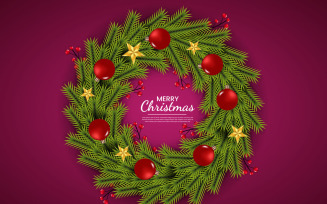 Christmas wreath decoration wreath vector with pine leaves, christmas balls and a golden ribbons