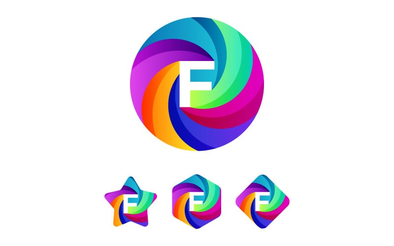 F Letter Logo Design, Round Circle Multi Color Abstract Artistic Creative Digital Logo Template