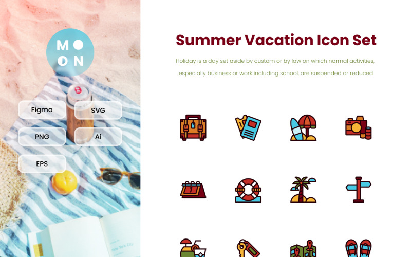 Summer Vacation Theme Icon Pack Illustration Style Icon Set