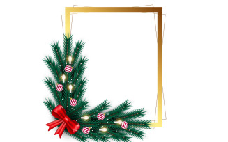 Merry christmas photo frame and christmas frame with pine branch christmas ball and star concept