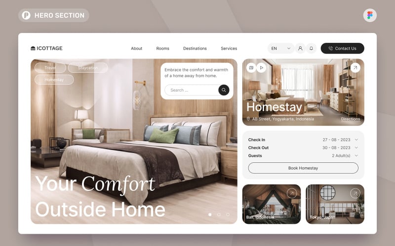 iCottage - Homestay Hero Section Figma Template UI Element