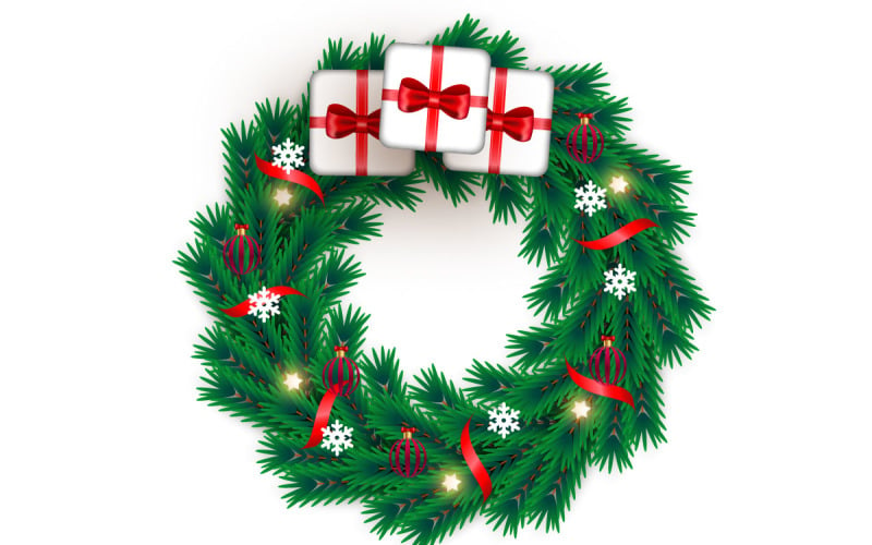 Christmas wreath decoration . wreath vector with pine leaves, christmas balls and and ribbon Illustration