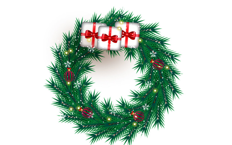 Christmas wreath decoration . wreath vector with pine leaves, christmas balls and ribbon Illustration