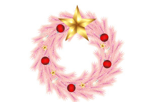 Christmas wreath vector with pine leaves, christmas balls and a golden ribbon