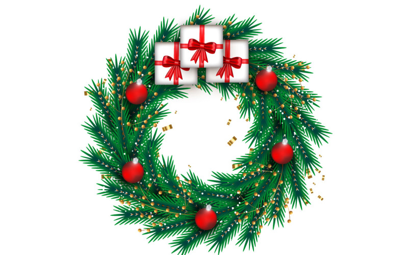 Christmas wreath decoration . wreath with pine leaves, christmas balls and a golden ribbon Illustration