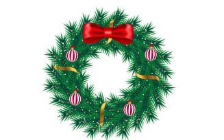 Christmas wreath decoration and wreath vector with pine leaves, christmas balls and golden ribbon