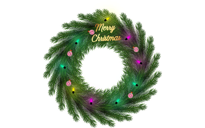 Christmas Wreath with christmas balls, golden stars isolated on white background Illustration