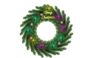 Christmas Wreath with christmas balls, golden stars isolated on white background