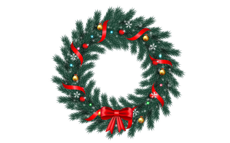 Christmas wreath with red christmas balls, golden stars isolated on white background Illustration