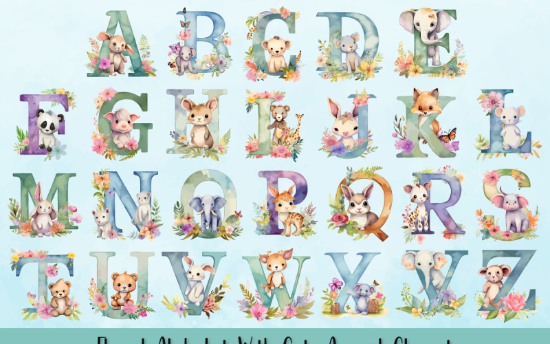 Floral Alphabet With Cute Animal Clipart Bundle Illustration