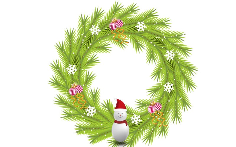 Merry Christmas wreath decoration . wreath vector with pine leaves, christmas balls ribbon Illustration
