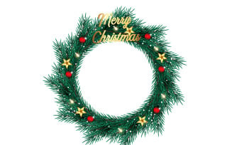 Vector wreath with red christmas balls, bow and golden stars isolated on white background idea