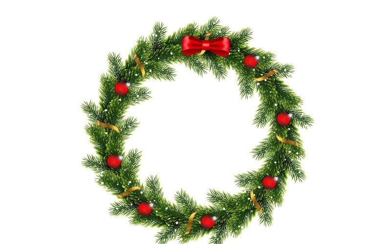 Wreath with red christmas balls, bow and golden stars isolated on white background Illustration