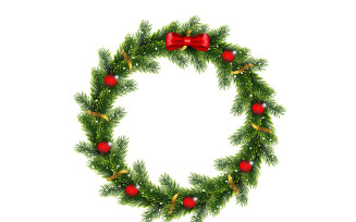 Wreath with red christmas balls, bow and golden stars isolated on white background