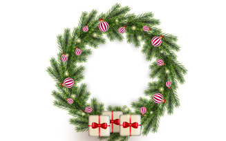 Christmas wreath with pine leaves, christmas balls christmas wreath white background