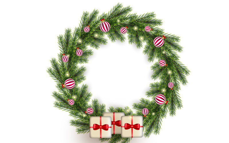 Christmas wreath with pine leaves, christmas balls christmas wreath white background Illustration