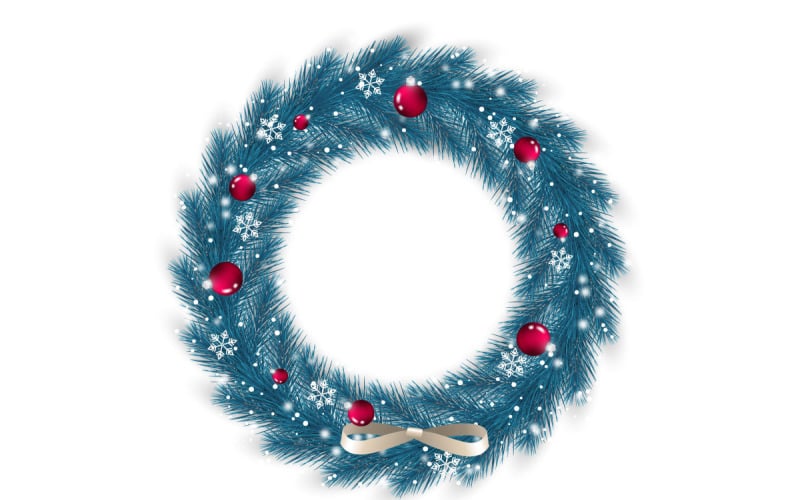 Realistic christmas wreath with pine leaves, christmas balls and a golden ribbon Illustration