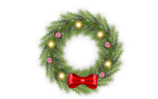 Vector realistic christmas wreath with pine leaves, christmas balls and ribbon