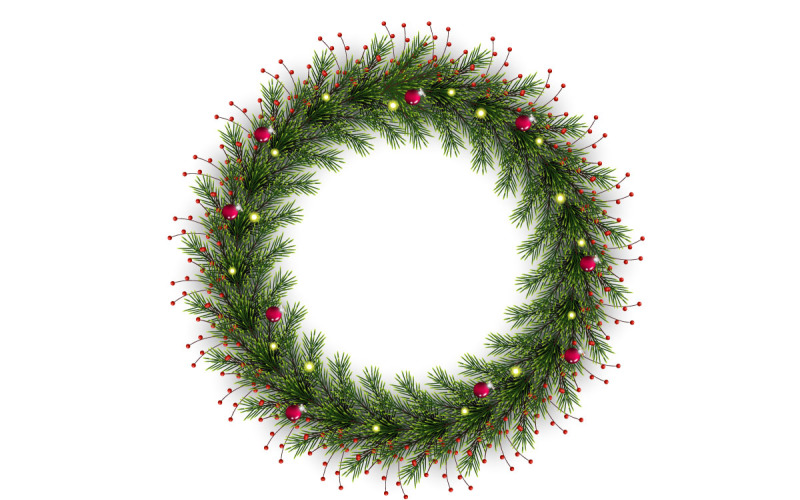 Vector realistic christmas wreath with pine leaves, christmas balls Illustration