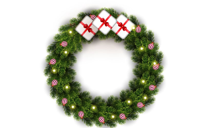 Christmas greeting card and background. Christmas wreath with pine leaves, ball idea Illustration