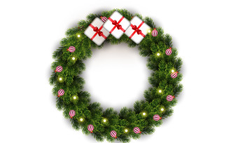 Christmas greeting card and background. Christmas wreath with pine leaves, ball idea