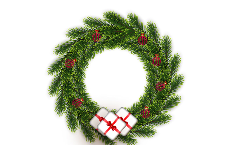 Christmas greeting card and background. Christmas wreath with pine leaves, ball Illustration