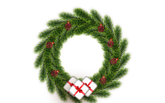 Christmas greeting card and background. Christmas wreath with pine leaves, ball