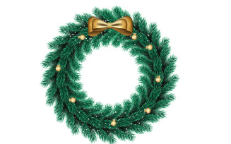 Christmas greeting card and background. Christmas wreath with pine leaves, balls