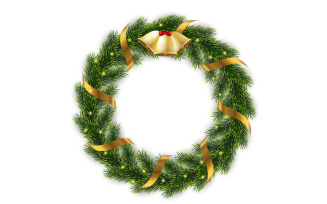 Christmas greeting card and background. Christmas wreath with pine leaves, christmas ball