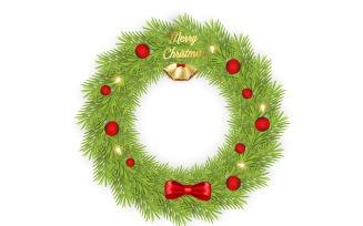 Christmas greeting card and background. Christmas wreath with pine leaves, christmas balls