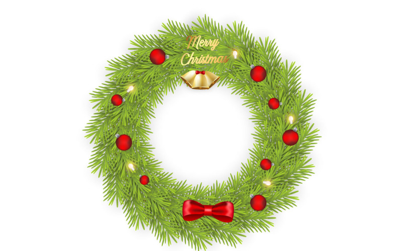 Christmas greeting card and background. Christmas wreath with pine leaves, christmas balls Illustration