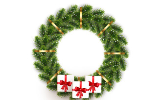 Christmas greeting card and Christmas wreath with pine leaves, christmas balls