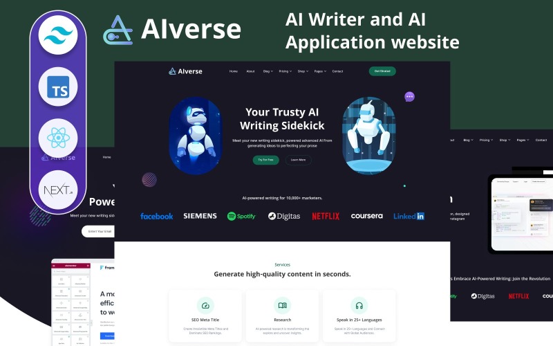 Aiverse - AI Writer and AI Application website React NEXT JS Template Website Template