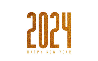 Golden 2024 New Year decorative lettering with gold confetti background
