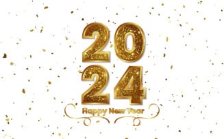 Golden Happy new year 2024 lettering design with gold confetti background