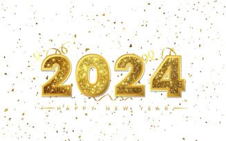 Golden Happy New Year 2024 lettering with gold confetti background