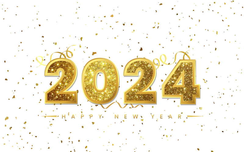 Golden Happy New Year 2024 lettering with gold confetti background Illustration