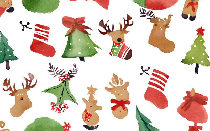 Christmas seamless pattern with watercolor reindeer and christmas tree Background
