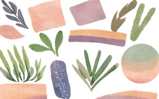 Hand drawn watercolor leaves and succulents. Vector illustration