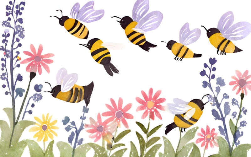 Hand drawn watercolor seamless pattern with bees and flowers. Vector illustration Background