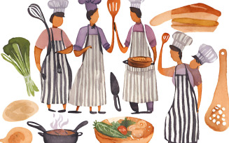 Illustration of a group of cooks with a set of kitchen utensils