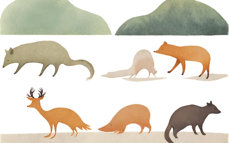 Illustration of a set of animal silhouettes. Watercolor Background