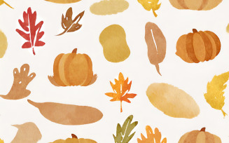 Watercolor autumn seamless pattern with pumpkins and leaves