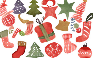 Watercolor christmas elements on white background. Hand drawn illustration
