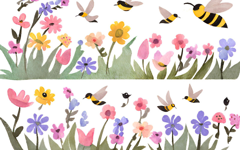 Watercolor floral seamless pattern with bees and flowers Background