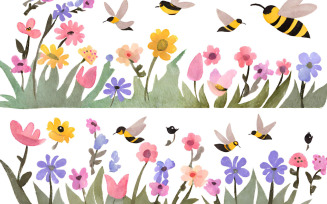 Watercolor floral seamless pattern with bees and flowers