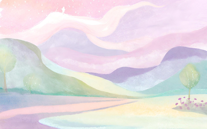 Watercolor landscape with a lake, mountains and sky. Hand drawn illustration Background