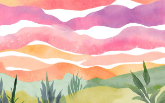 Watercolor landscape with hills, trees, clouds and sun. Hand drawn illustration