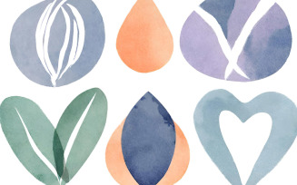 Watercolor set of leaves and watercolor drops. Hand drawn illustration